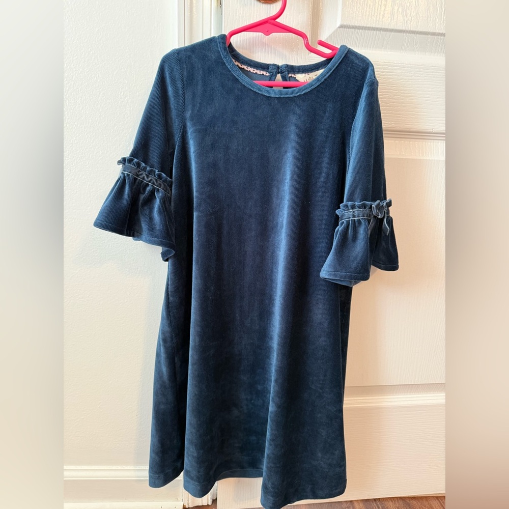 Matilda Jane Dark Blue velvety Dress with Ruffle Sleeves sz 8 Vguc
